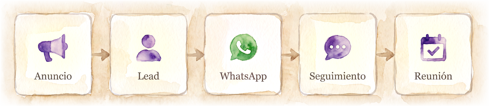 Anuncio → Lead → WhatsApp → Seguimiento → Reunión